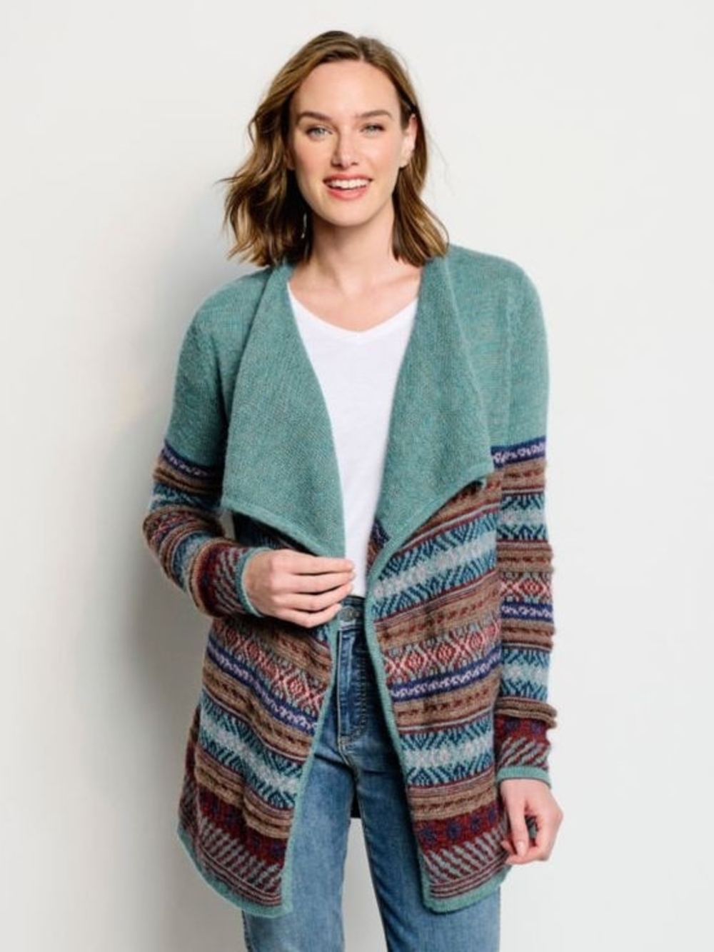 Orvis Teal and Multi-Color Striped Open-Front Cardigan